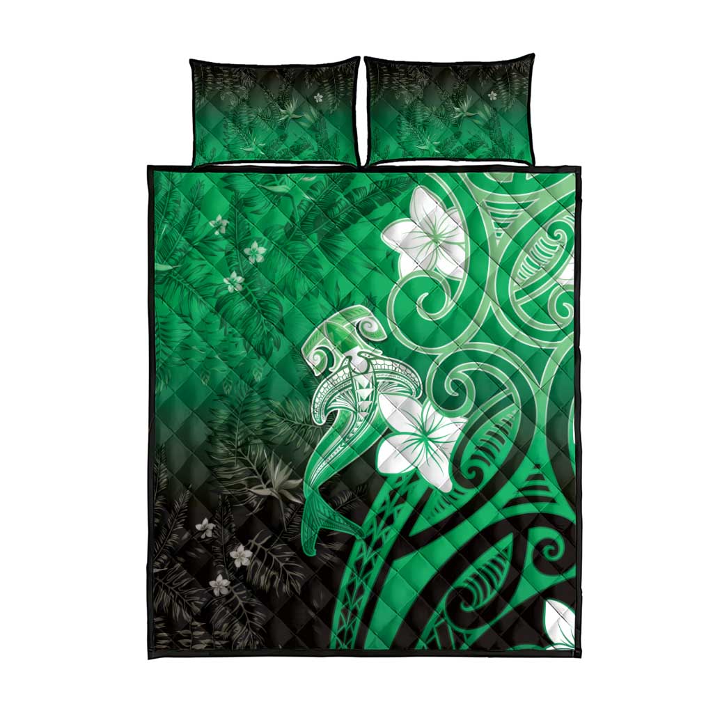 Polynesia Hammerhead Shark Quilt Bed Set Green Tribal Pattern With Plumeria - Polynesian Pride