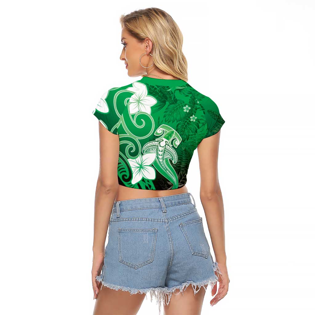 Polynesia Hammerhead Shark Raglan Cropped T Shirt Green Tribal Pattern With Plumeria LT05 - Polynesian Pride