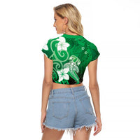 Polynesia Hammerhead Shark Raglan Cropped T Shirt Green Tribal Pattern With Plumeria LT05 - Polynesian Pride
