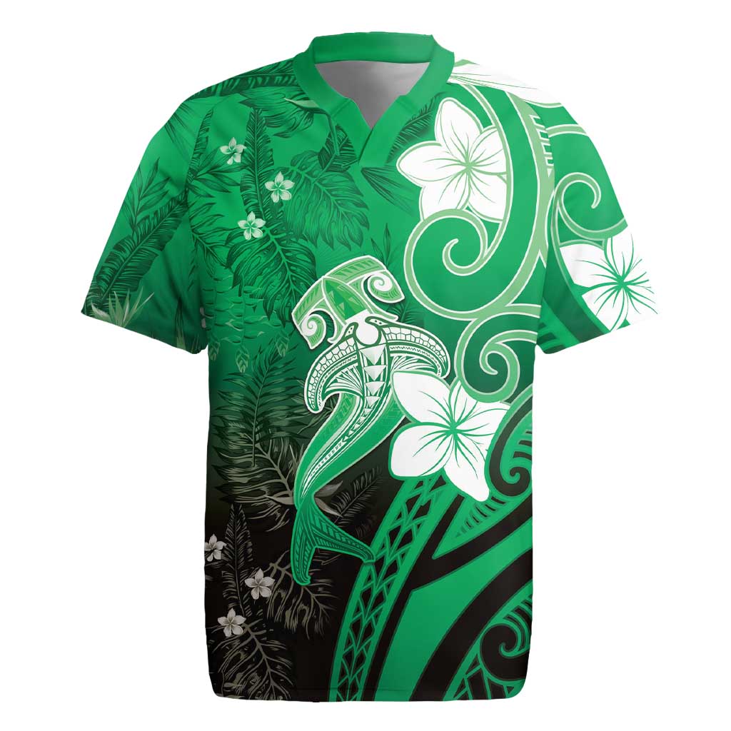 Polynesia Hammerhead Shark Rugby Jersey Green Tribal Pattern With Plumeria LT05 Green - Polynesian Pride