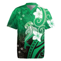 Polynesia Hammerhead Shark Rugby Jersey Green Tribal Pattern With Plumeria - Polynesian Pride