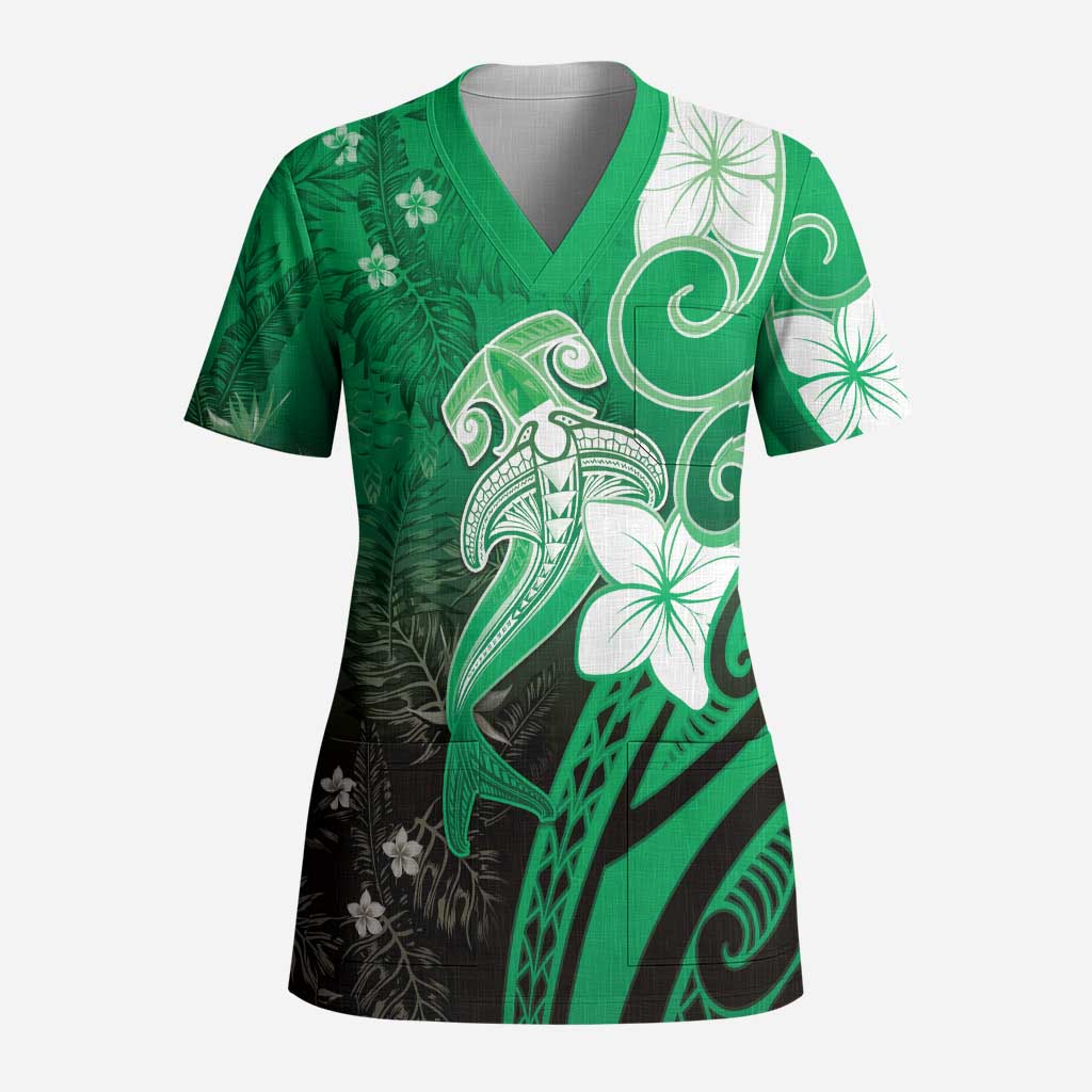 Polynesia Hammerhead Shark Scrub Top Green Tribal Pattern With Plumeria - Polynesian Pride