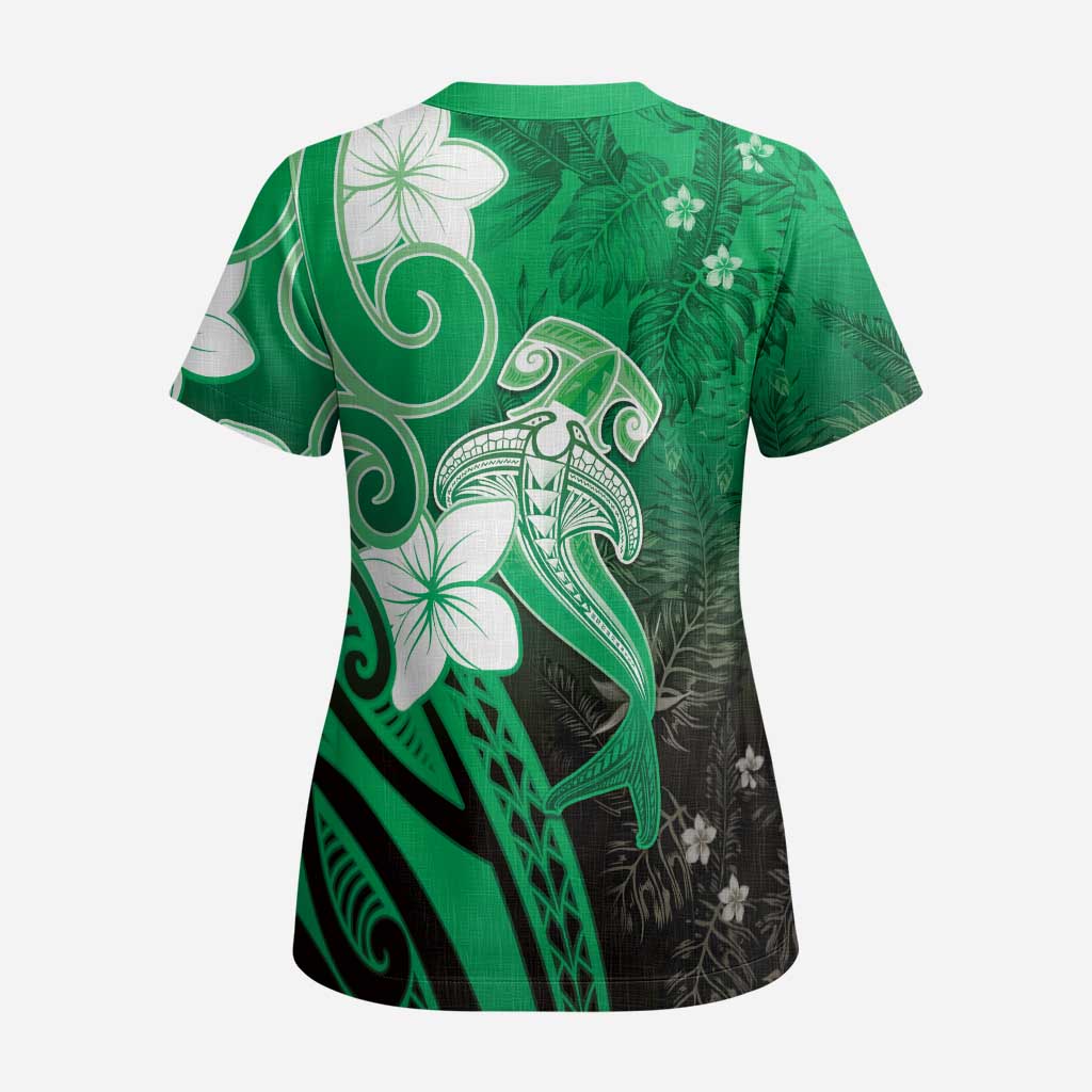 Polynesia Hammerhead Shark Scrub Top Green Tribal Pattern With Plumeria - Polynesian Pride