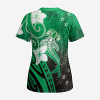 Polynesia Hammerhead Shark Scrub Top Green Tribal Pattern With Plumeria - Polynesian Pride