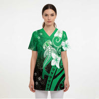 Polynesia Hammerhead Shark Scrub Top Green Tribal Pattern With Plumeria - Polynesian Pride