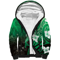 Polynesia Hammerhead Shark Sherpa Hoodie Green Tribal Pattern With Plumeria - Polynesian Pride