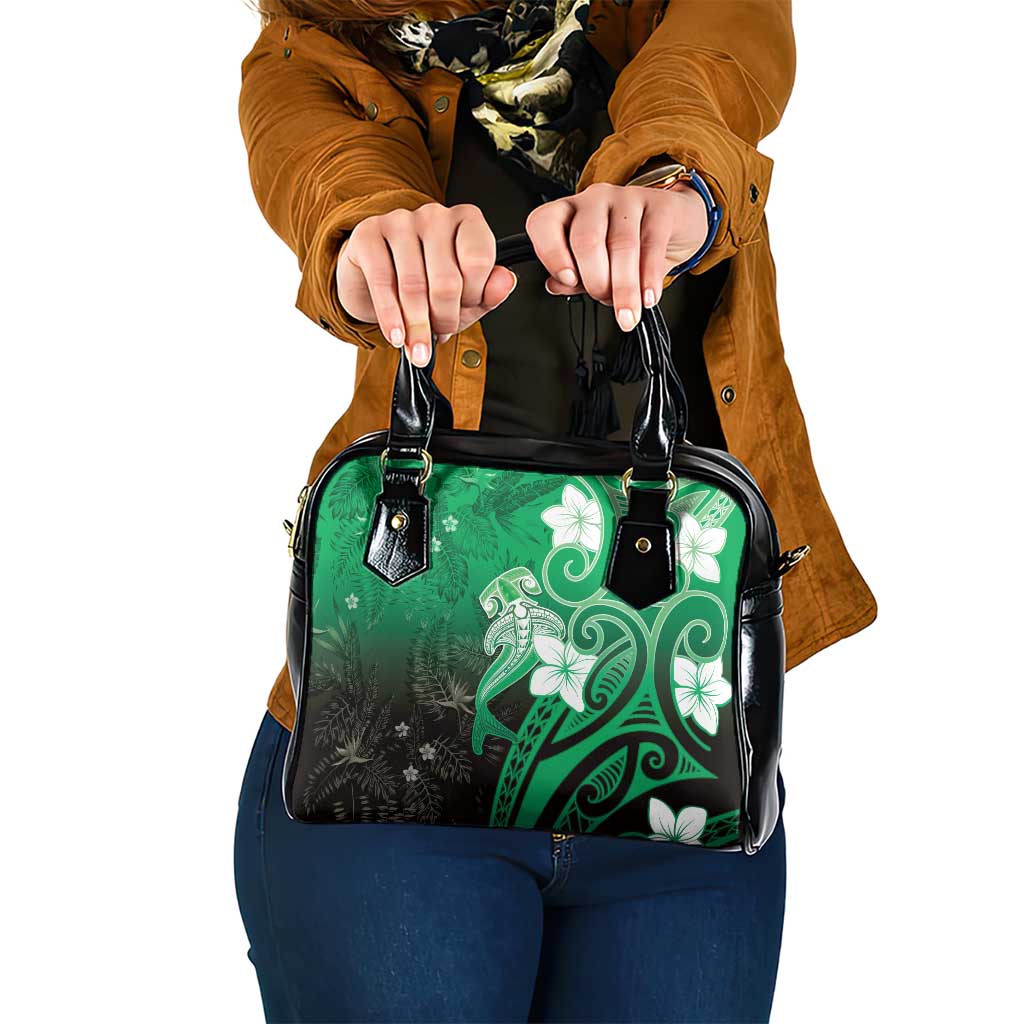 Polynesia Hammerhead Shark Shoulder Handbag Green Tribal Pattern With Plumeria - Polynesian Pride