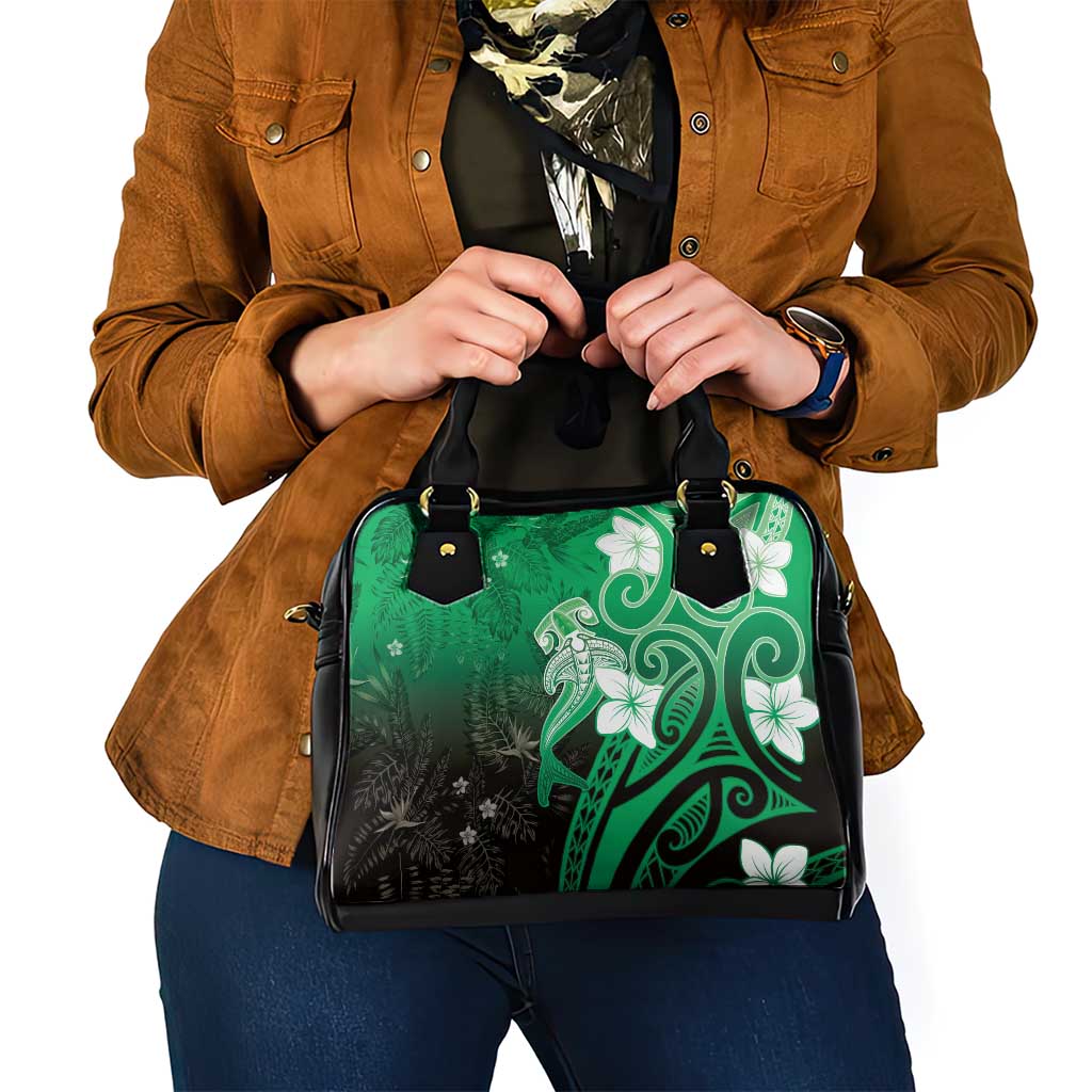 Polynesia Hammerhead Shark Shoulder Handbag Green Tribal Pattern With Plumeria - Polynesian Pride