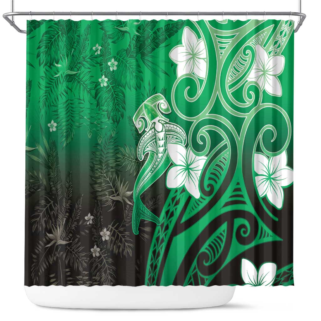 Polynesia Hammerhead Shark Shower Curtain Green Tribal Pattern With Plumeria - Polynesian Pride