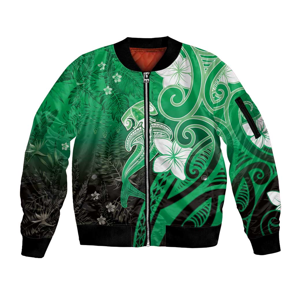 Polynesia Hammerhead Shark Sleeve Zip Bomber Jacket Green Tribal Pattern With Plumeria - Polynesian Pride