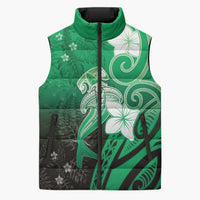 Polynesia Hammerhead Shark Sleeveless Puffer Jacket Green Tribal Pattern With Plumeria - Polynesian Pride