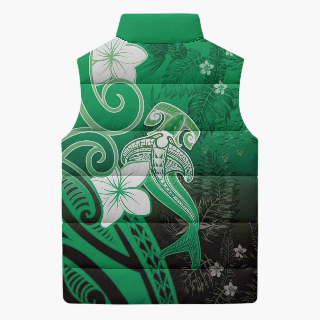 Polynesia Hammerhead Shark Sleeveless Puffer Jacket Green Tribal Pattern With Plumeria - Polynesian Pride