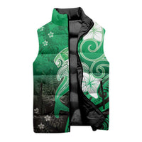 Polynesia Hammerhead Shark Sleeveless Puffer Jacket Green Tribal Pattern With Plumeria - Polynesian Pride
