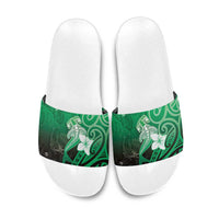 Polynesia Hammerhead Shark Slide Sandals Green Tribal Pattern With Plumeria - Polynesian Pride