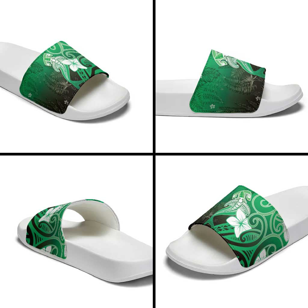 Polynesia Hammerhead Shark Slide Sandals Green Tribal Pattern With Plumeria - Polynesian Pride