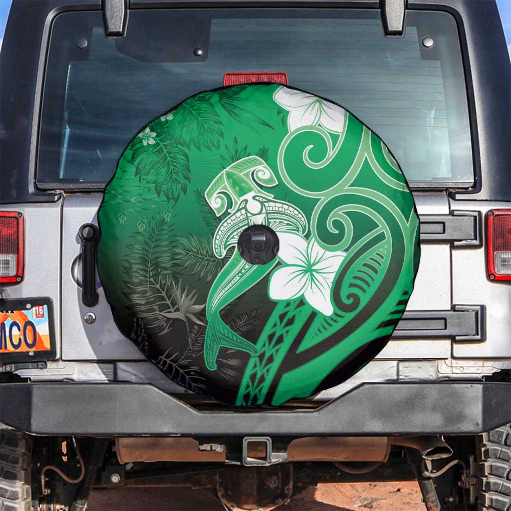 Polynesia Hammerhead Shark Spare Tire Cover Green Tribal Pattern With Plumeria - Polynesian Pride