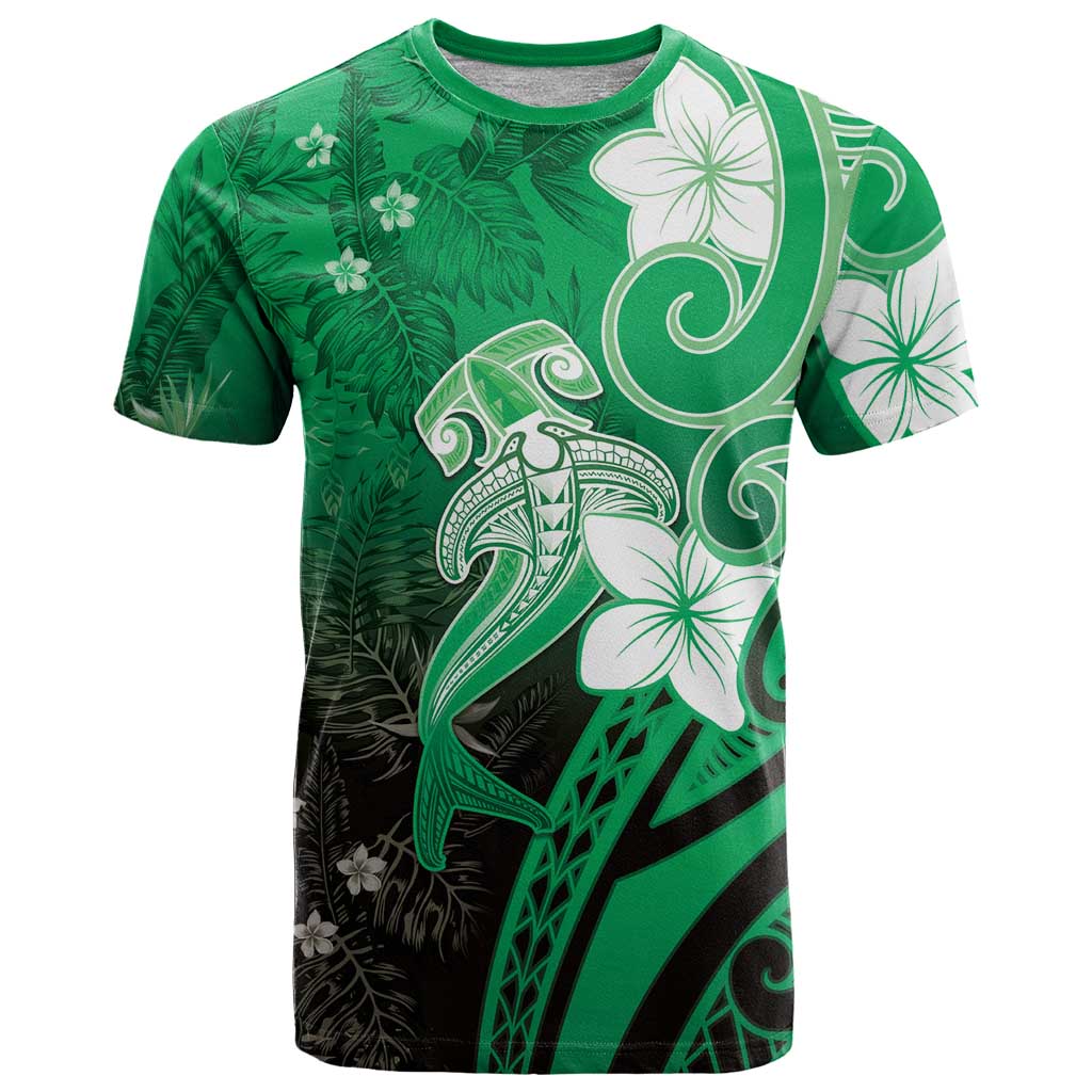 Polynesia Hammerhead Shark T Shirt Green Tribal Pattern With Plumeria - Polynesian Pride