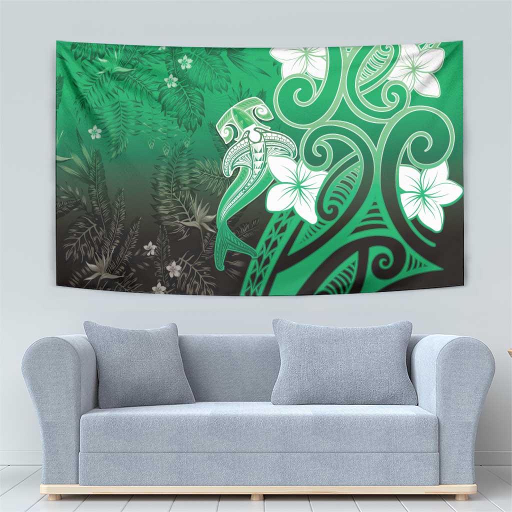 Polynesia Hammerhead Shark Tapestry Green Tribal Pattern With Plumeria - Polynesian Pride