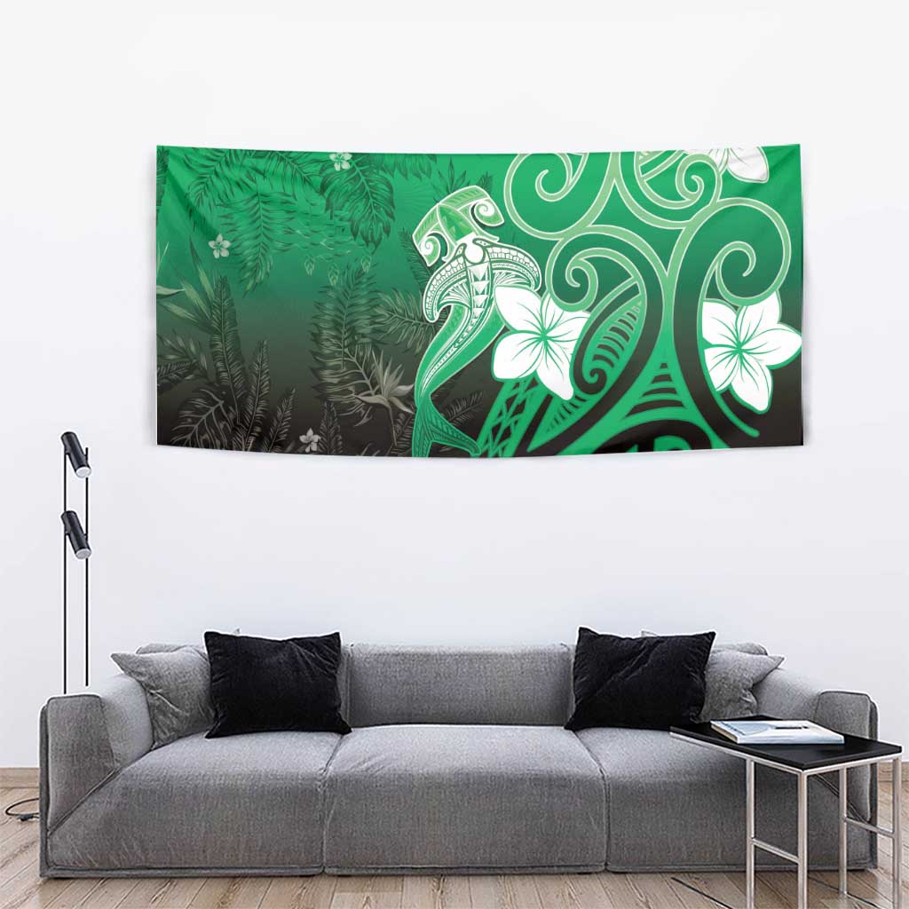 Polynesia Hammerhead Shark Tapestry Green Tribal Pattern With Plumeria - Polynesian Pride