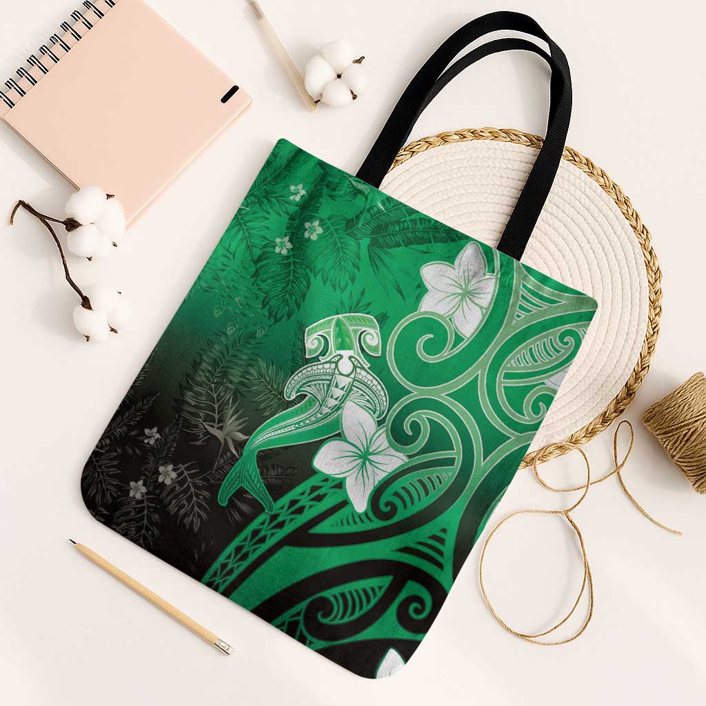 Polynesia Hammerhead Shark Tote Bag Green Tribal Pattern With Plumeria - Polynesian Pride