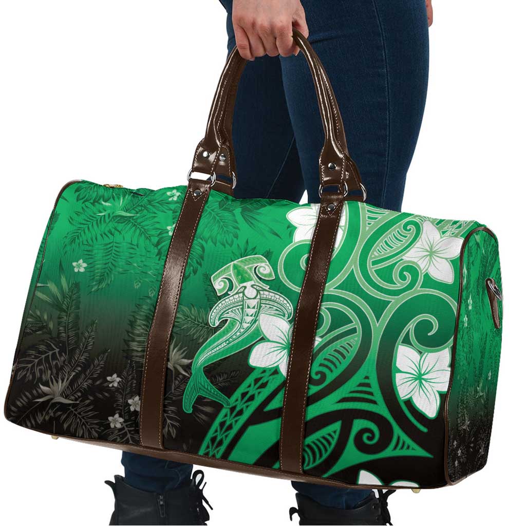 Polynesia Hammerhead Shark Travel Bag Green Tribal Pattern With Plumeria - Polynesian Pride