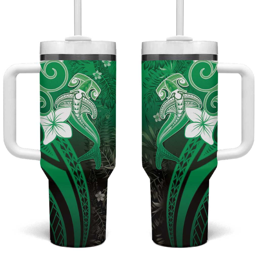 Polynesia Hammerhead Shark Tumbler With Handle Green Tribal Pattern With Plumeria - Polynesian Pride