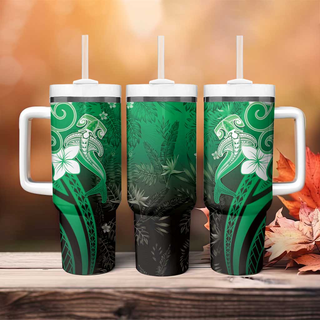 Polynesia Hammerhead Shark Tumbler With Handle Green Tribal Pattern With Plumeria - Polynesian Pride