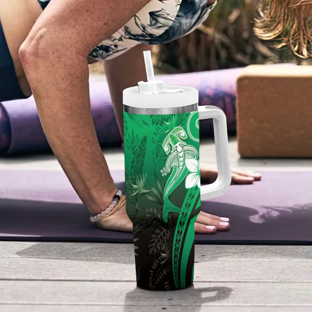 Polynesia Hammerhead Shark Tumbler With Handle Green Tribal Pattern With Plumeria - Polynesian Pride