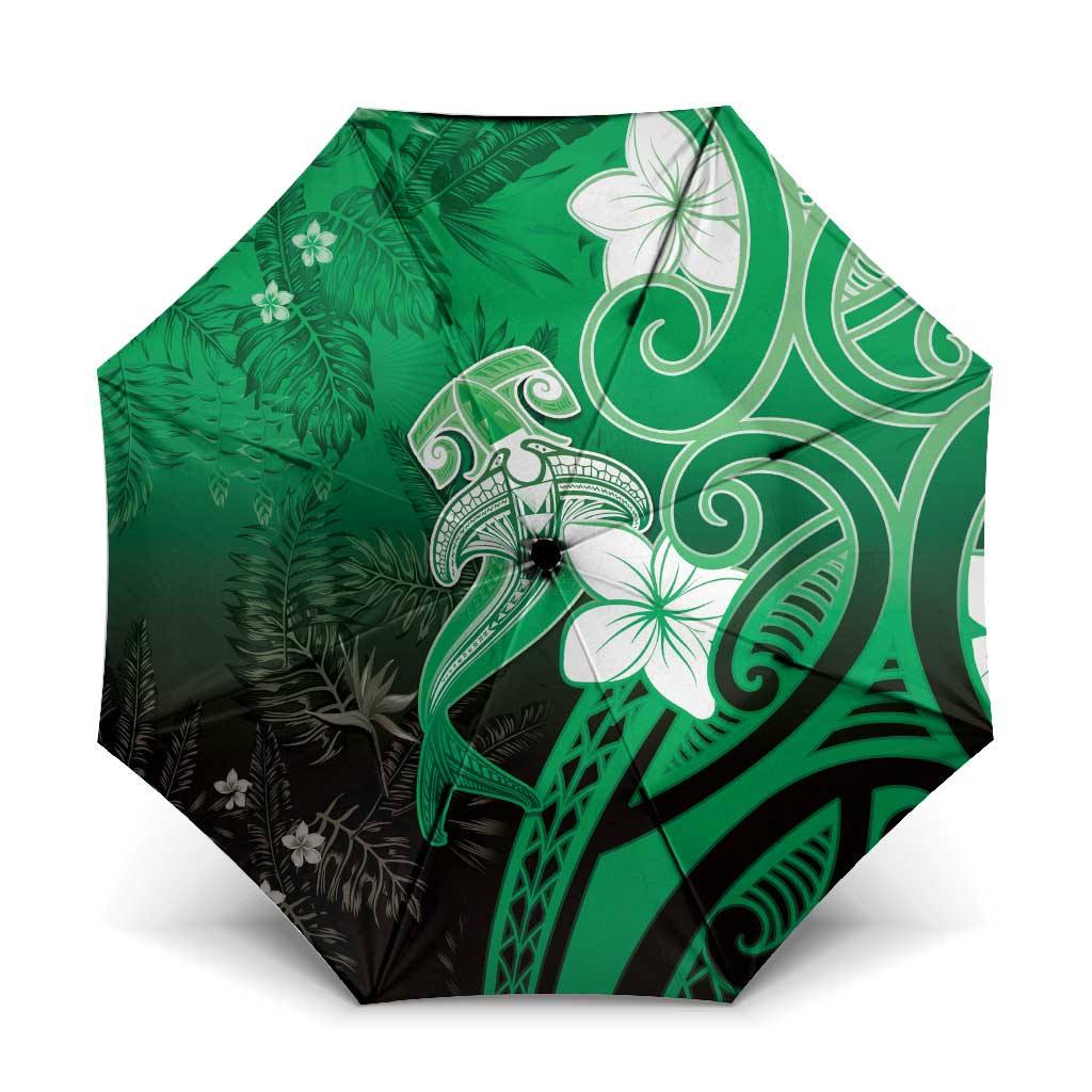 Polynesia Hammerhead Shark Umbrella Green Tribal Pattern With Plumeria - Polynesian Pride