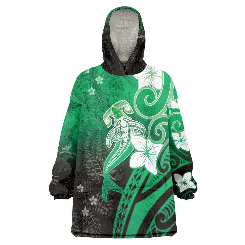 Polynesia Hammerhead Shark Wearable Blanket Hoodie Green Tribal Pattern With Plumeria LT05 One Size Green - Polynesian Pride