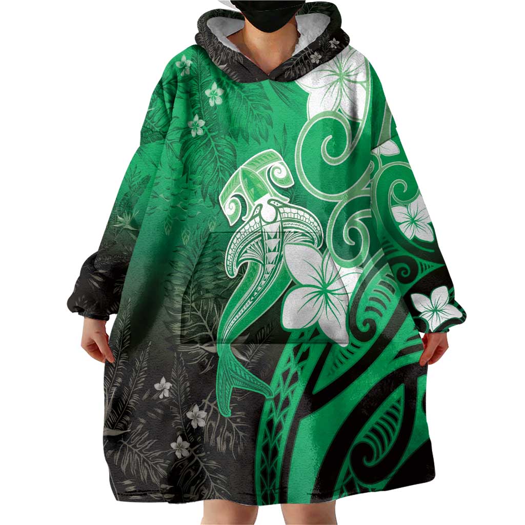 Polynesia Hammerhead Shark Wearable Blanket Hoodie Green Tribal Pattern With Plumeria - Polynesian Pride