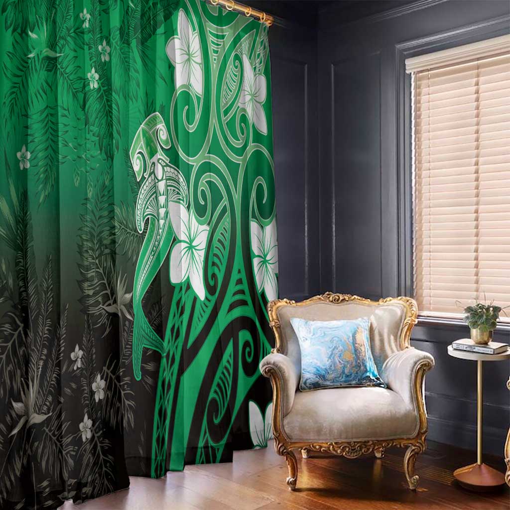 Polynesia Hammerhead Shark Window Curtain Green Tribal Pattern With Plumeria - Polynesian Pride