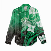 Polynesia Hammerhead Shark Women Casual Shirt Green Tribal Pattern With Plumeria - Polynesian Pride