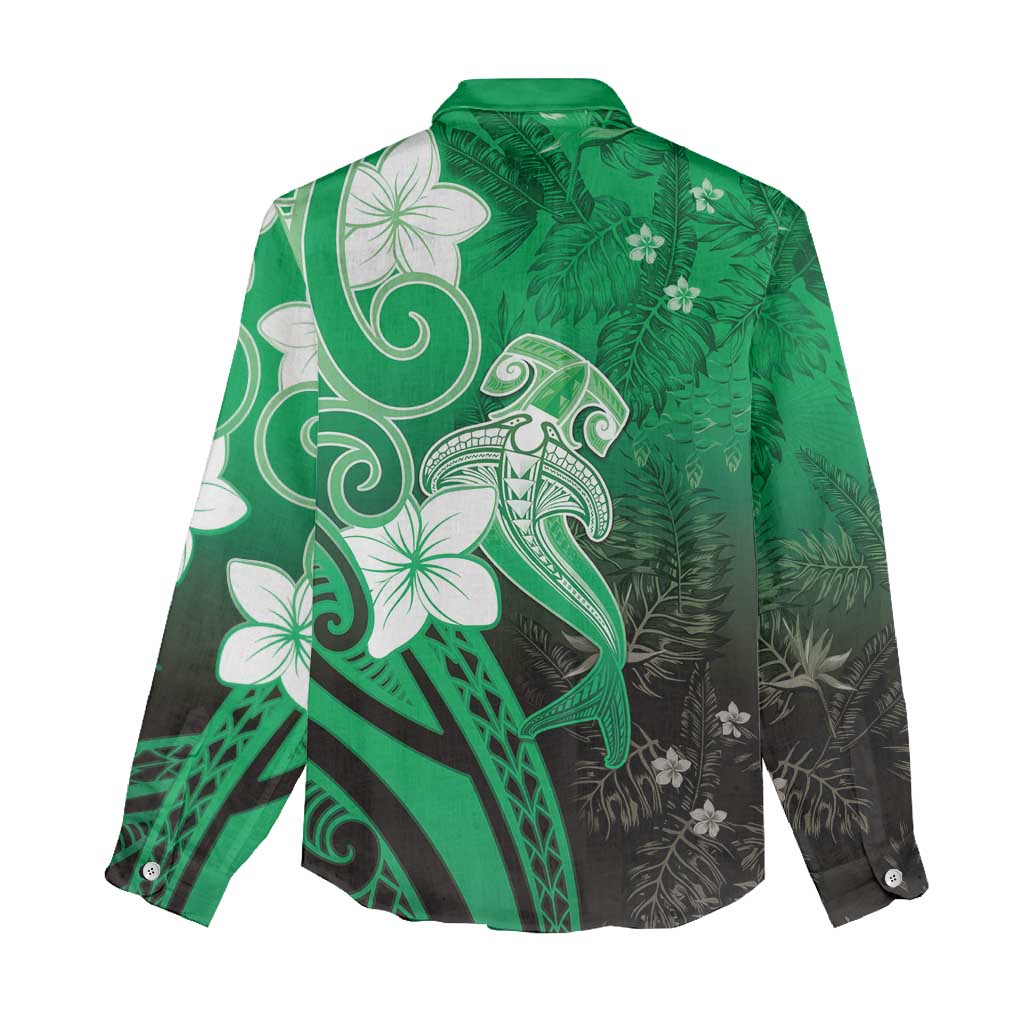 Polynesia Hammerhead Shark Women Casual Shirt Green Tribal Pattern With Plumeria - Polynesian Pride