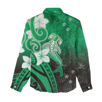 Polynesia Hammerhead Shark Women Casual Shirt Green Tribal Pattern With Plumeria - Polynesian Pride