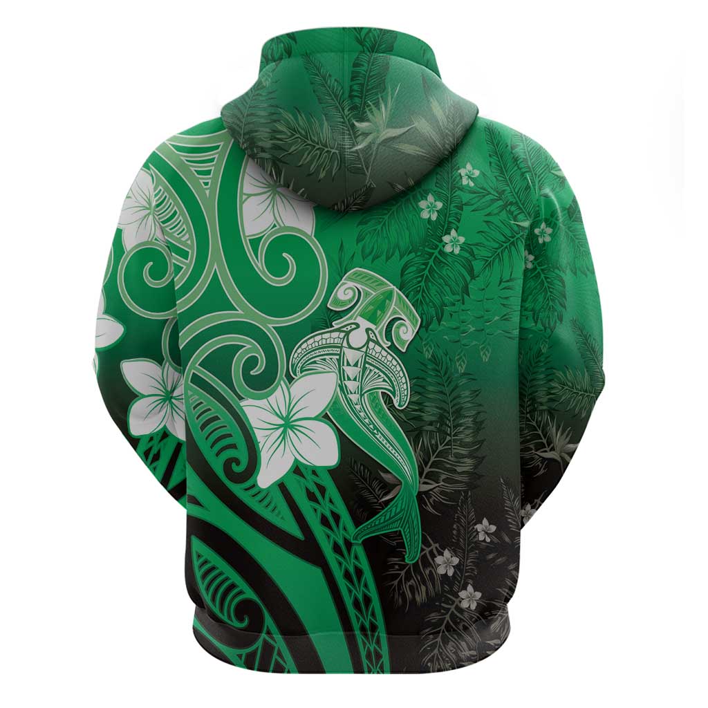 Polynesia Hammerhead Shark Zip Hoodie Green Tribal Pattern With Plumeria - Polynesian Pride