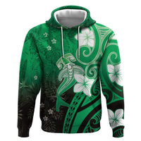 Polynesia Hammerhead Shark Zip Hoodie Green Tribal Pattern With Plumeria - Polynesian Pride