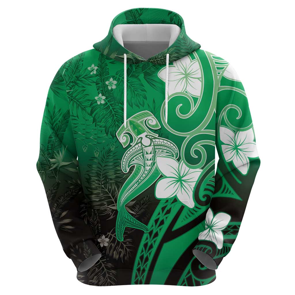 Polynesia Hammerhead Shark Zip Hoodie Green Tribal Pattern With Plumeria - Polynesian Pride