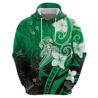 Polynesia Hammerhead Shark Zip Hoodie Green Tribal Pattern With Plumeria - Polynesian Pride