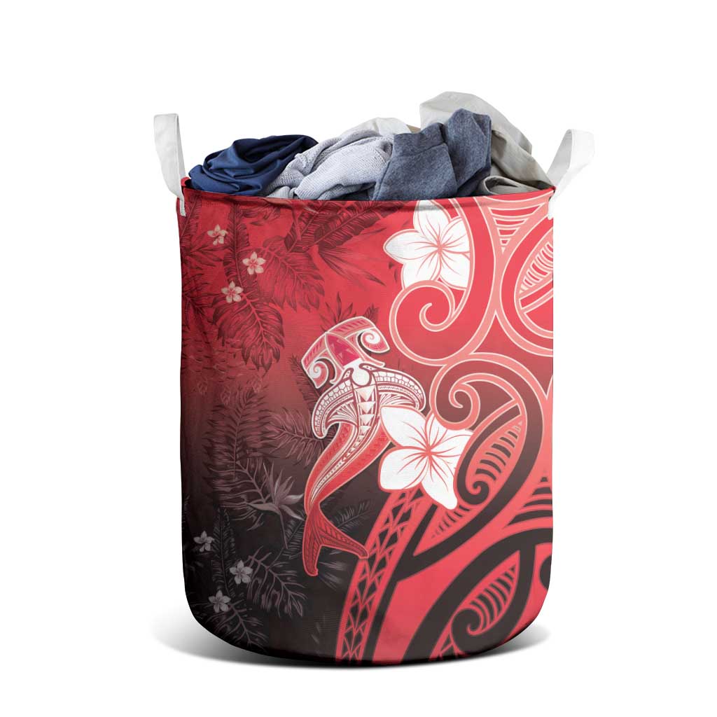 Polynesia Hammerhead Shark Laundry Basket Red Tribal Pattern With Plumeria - Polynesian Pride