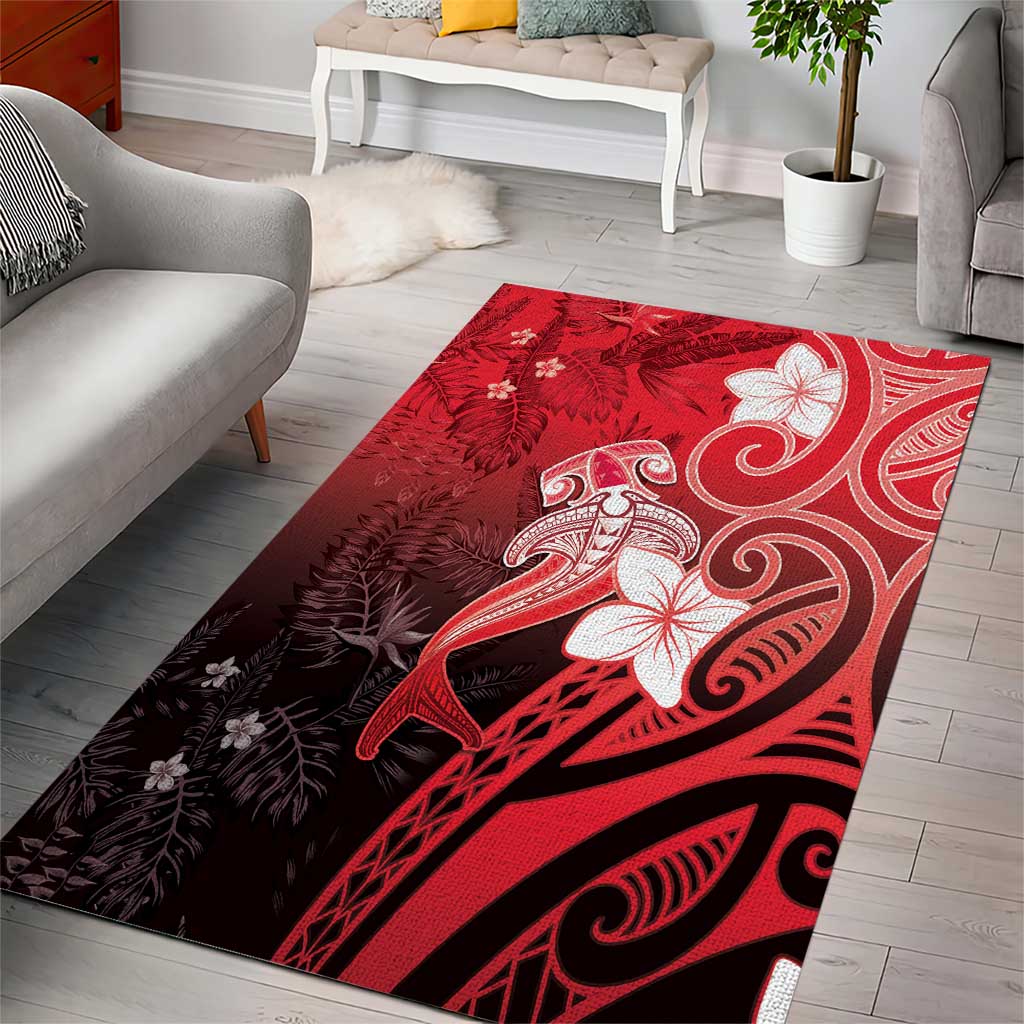 Polynesia Hammerhead Shark Area Rug Red Tribal Pattern With Plumeria - Polynesian Pride