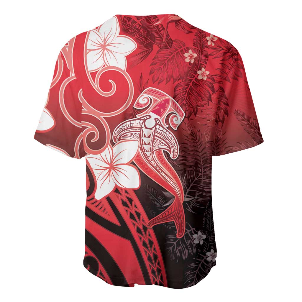 Polynesia Hammerhead Shark Baseball Jersey Red Tribal Pattern With Plumeria LT05 - Polynesian Pride