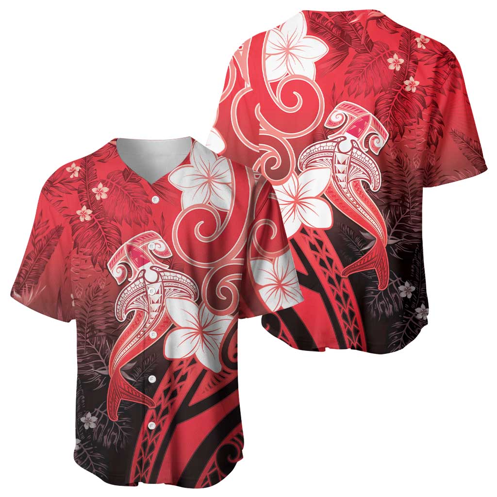 Polynesia Hammerhead Shark Baseball Jersey Red Tribal Pattern With Plumeria LT05 - Polynesian Pride