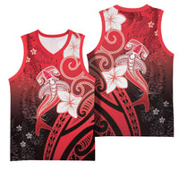 Polynesia Hammerhead Shark Basketball Jersey Red Tribal Pattern With Plumeria - Polynesian Pride