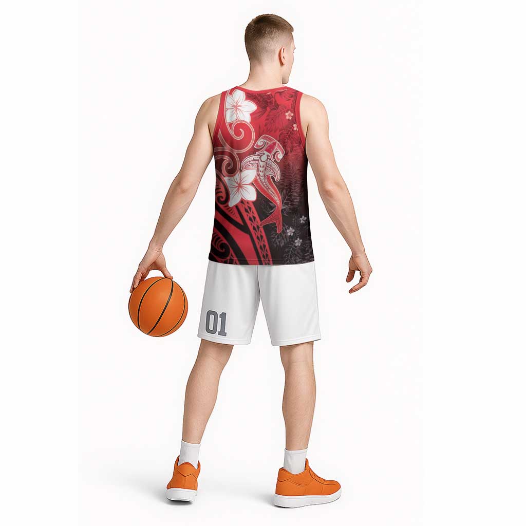 Polynesia Hammerhead Shark Basketball Jersey Red Tribal Pattern With Plumeria - Polynesian Pride