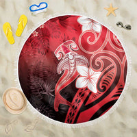 Polynesia Hammerhead Shark Beach Blanket Red Tribal Pattern With Plumeria - Polynesian Pride