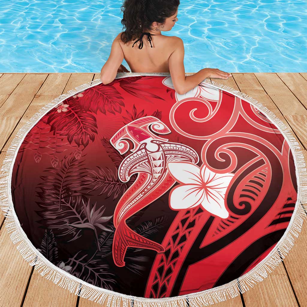 Polynesia Hammerhead Shark Beach Blanket Red Tribal Pattern With Plumeria - Polynesian Pride