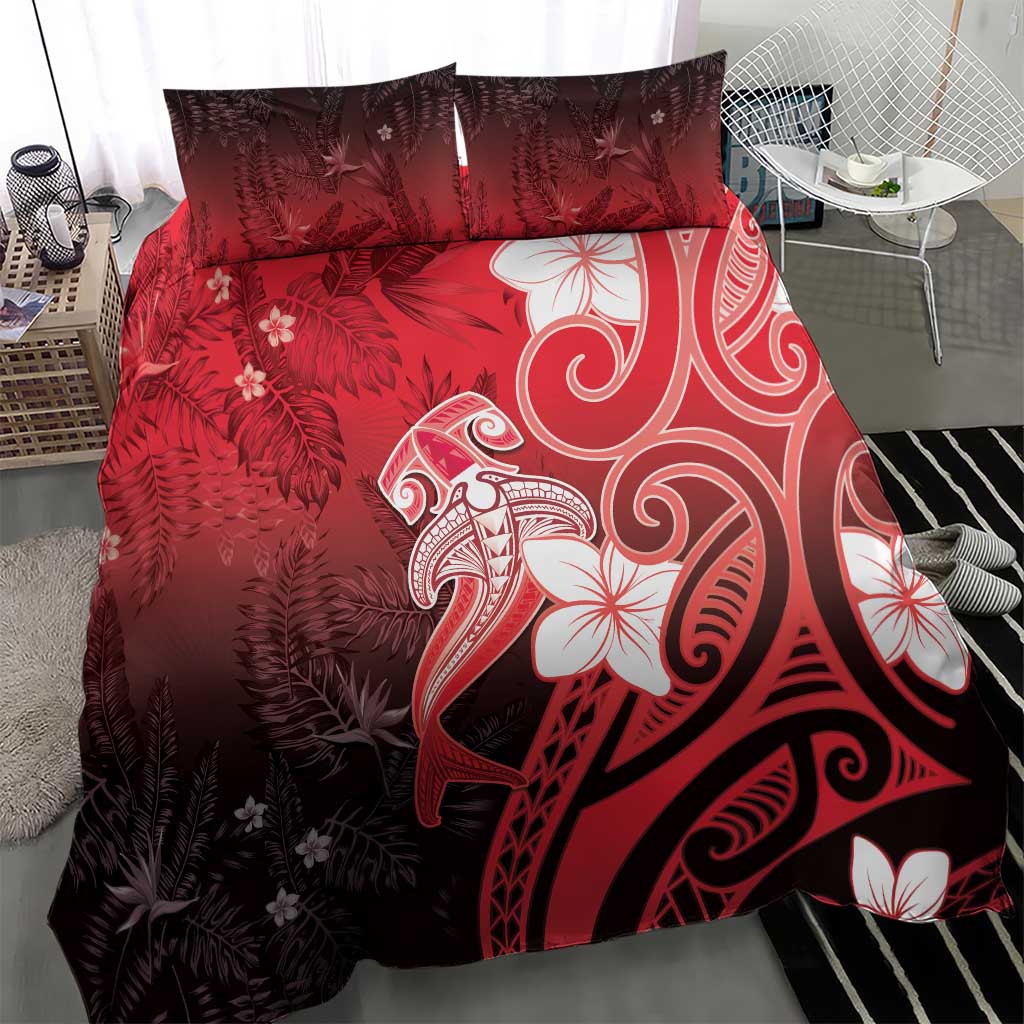Polynesia Hammerhead Shark Bedding Set Red Tribal Pattern With Plumeria - Polynesian Pride
