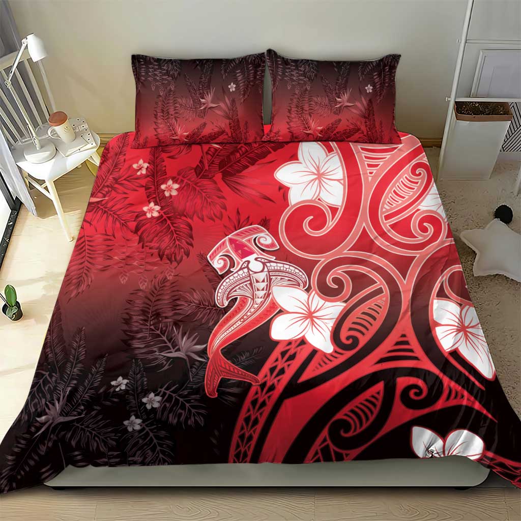 Polynesia Hammerhead Shark Bedding Set Red Tribal Pattern With Plumeria - Polynesian Pride