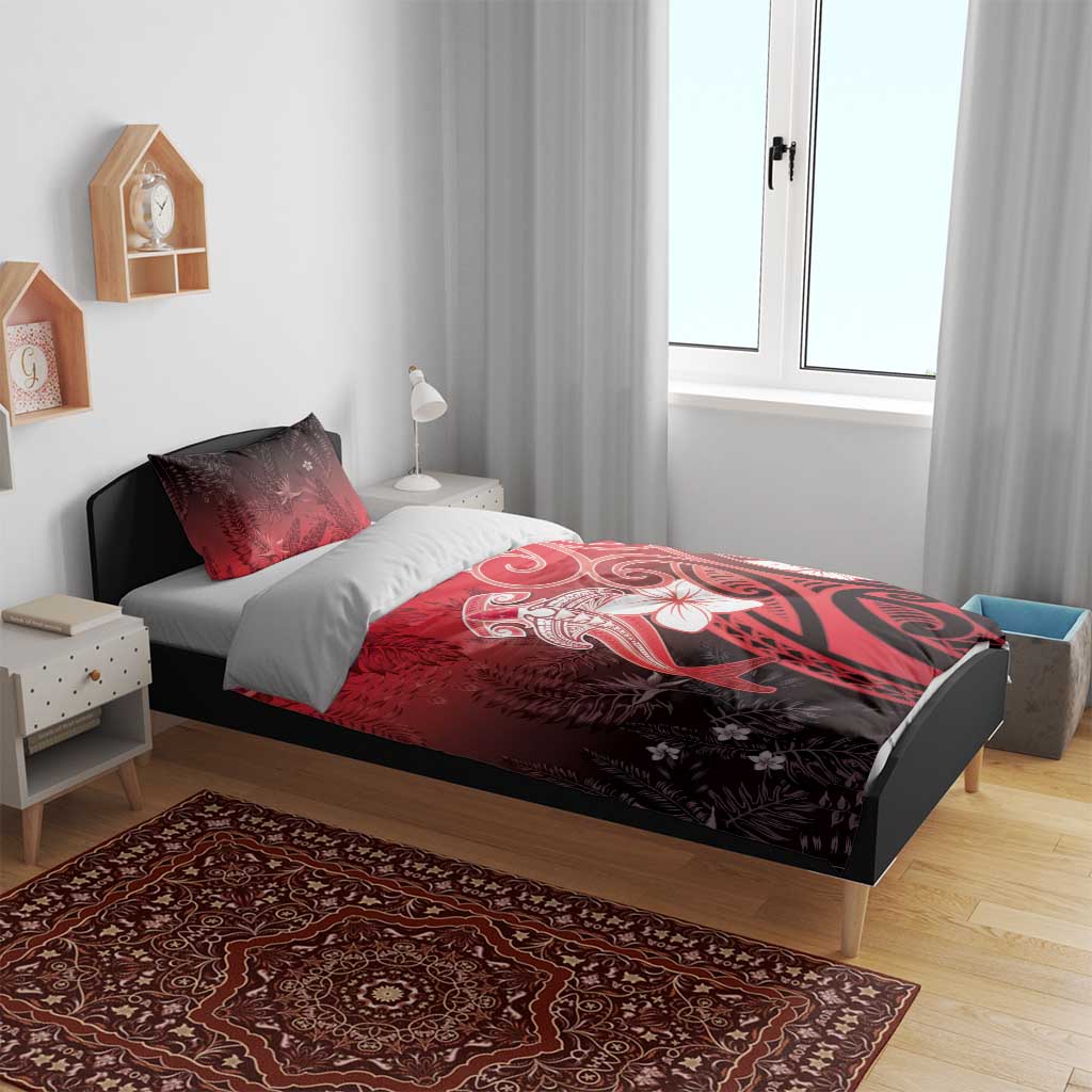Polynesia Hammerhead Shark Bedding Set Red Tribal Pattern With Plumeria - Polynesian Pride